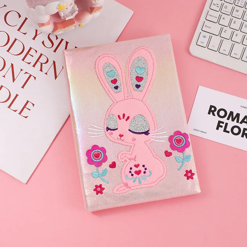 Adorable Cartoon  And Rabbit Handmade Notebook Journal For Kids And Teenage Girls Sparkling Memo Book Simple Style