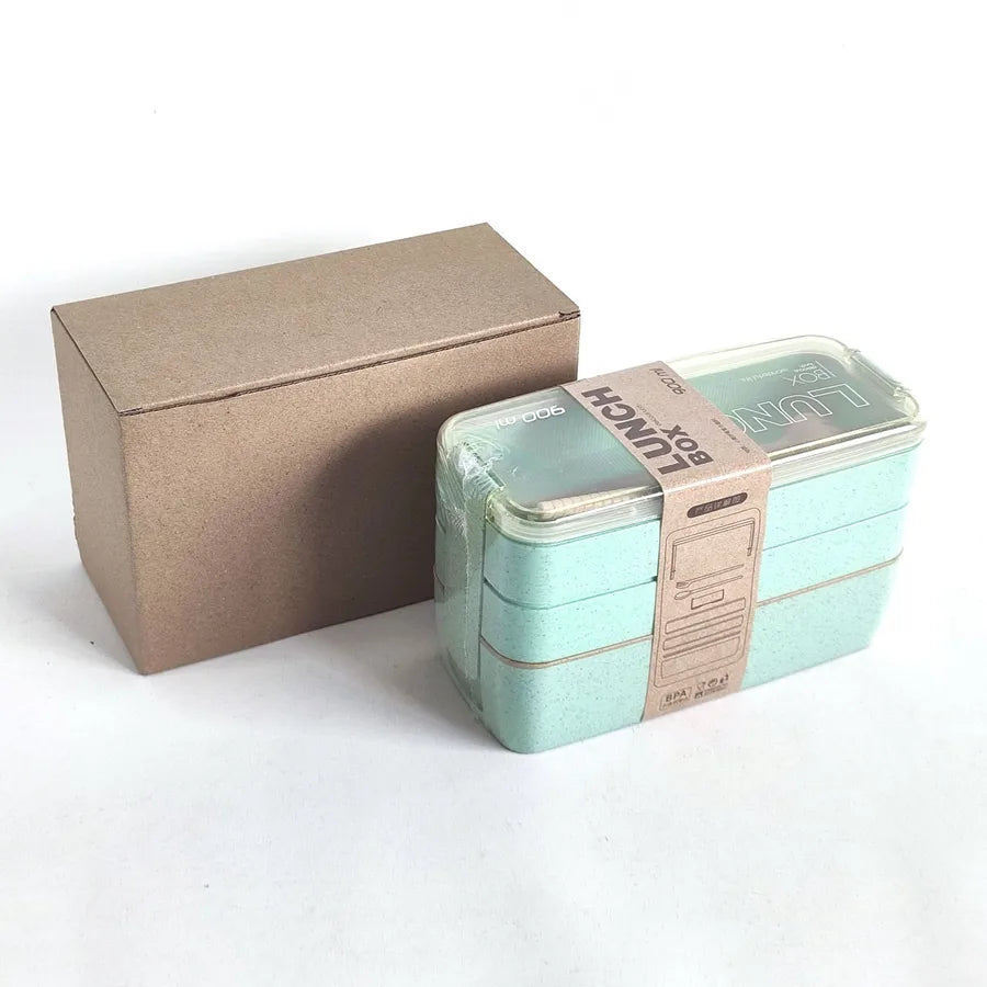 Square three-layer wheat straw fiber plastic lunch box student adult lunch box with tableware can be customized logo