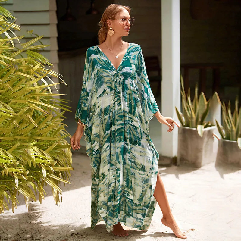 women's beach color block printing cover ups