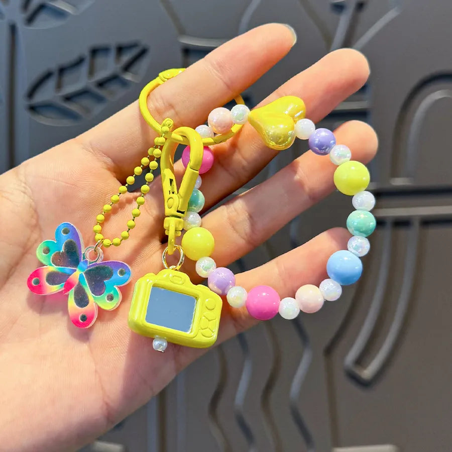 Cute Metal Keychain Pendant Beaded Bookbag Girl's Bag Charm  Style Cartoon Design Half Handmade Flower