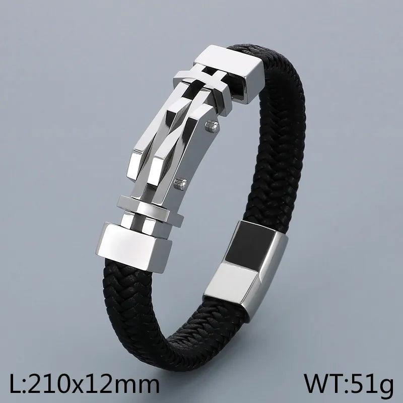 Business Color Block 304 Stainless Steel Leather Knitting 18K Gold Plated Men's Bangle