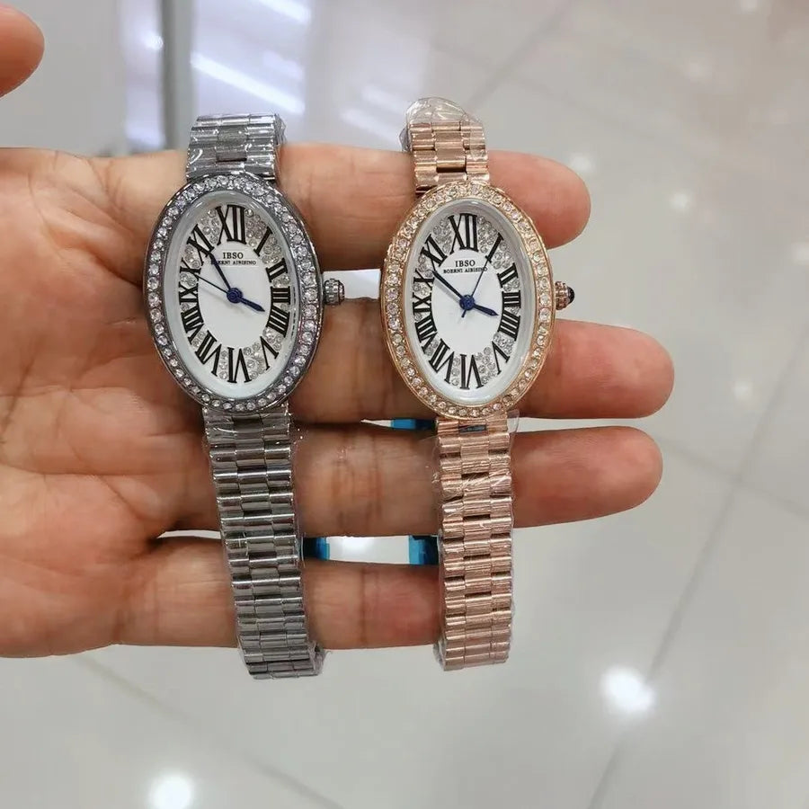 Elegant Oval Roman Numeral IBSO Ladies Watch Luxury Stainless Steel Band Quartz Movement Fashionable Women's Timepiece