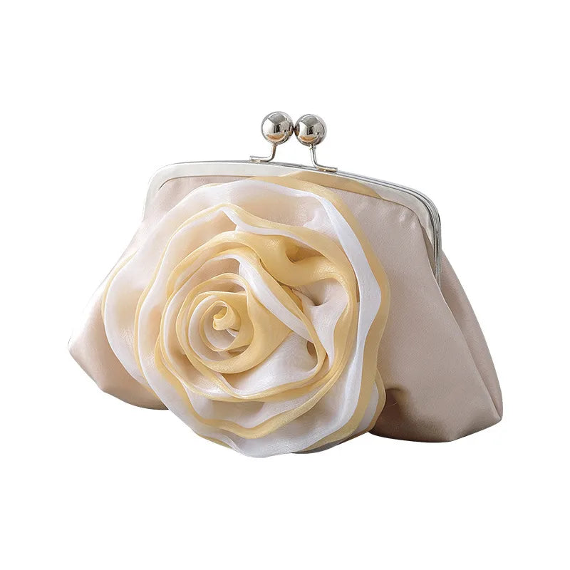 New Fresh Rose Flower Banquet Bag Satchel Crossbody Qipao Bag New Year Handbag Square Silk Surface Chain Bag Sweet Style