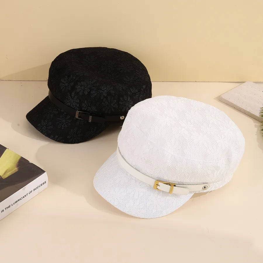 Black White Decorative Thin Mesh Breathable Flower Large Version Face Slimming Fashionable All-Match Flat-Crown Newsboy Cap Practical For Daily Shopping