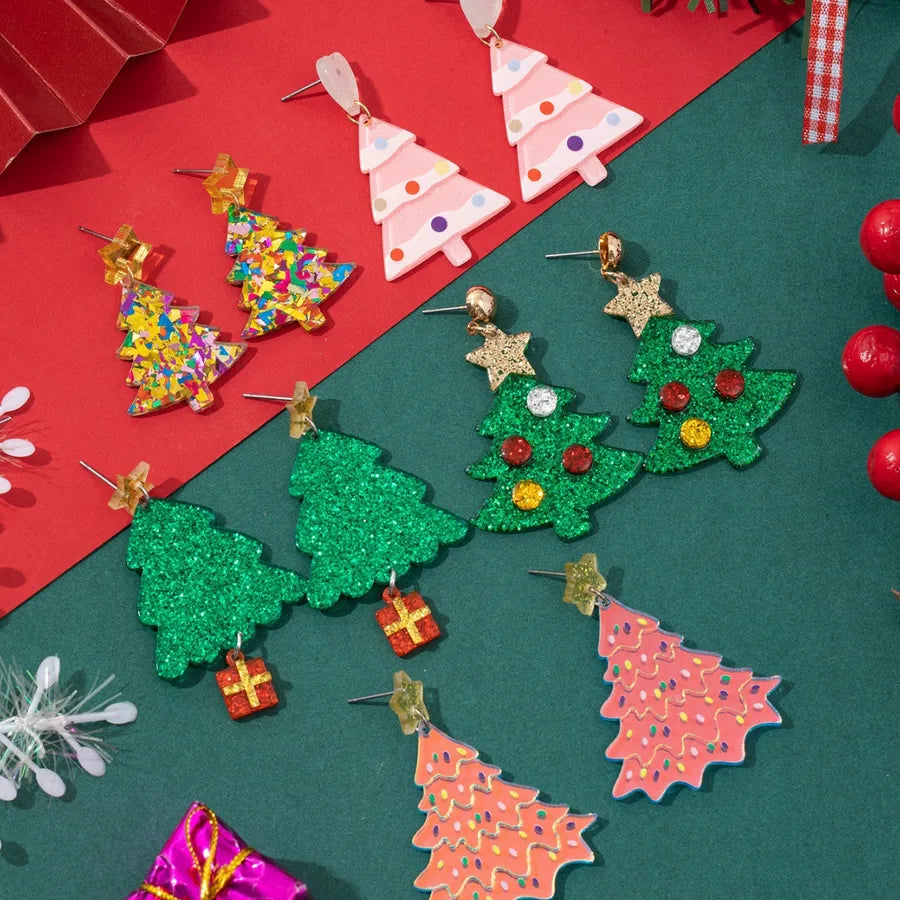 Fashionable Christmas Tree Snowflake Earrings Women's Stylish Christmas Theme Geometric Pattern Asymmetric Handmade Acrylic Jewelry
