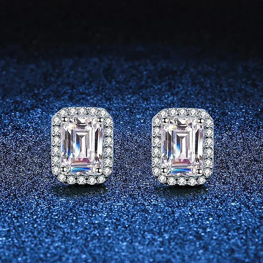 Moissanite 925 Sterling Silver Ear Studs GRA Certificate Emerald-cut Geometric White Gold Plated Ear Studs