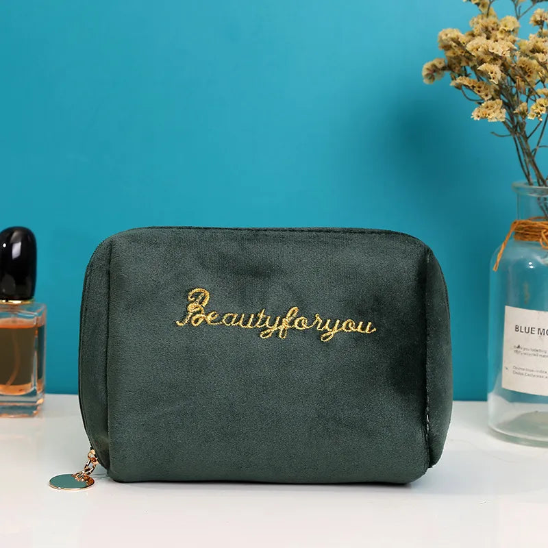 velvet zipper double layer large capacity cosmetic storage bag