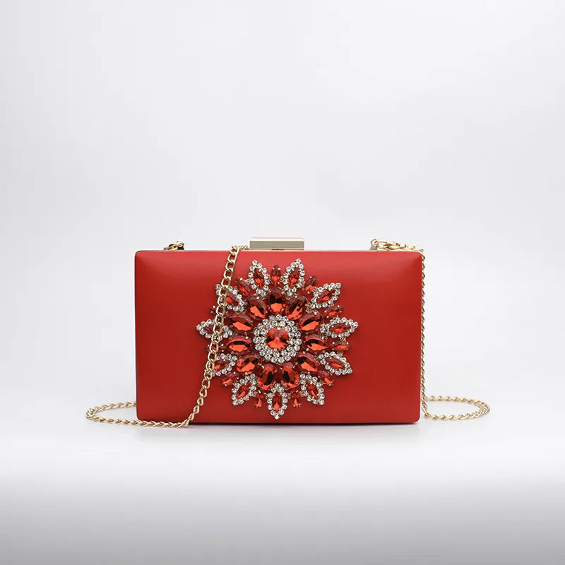 white red black pu leather flower rhinestone square evening bags