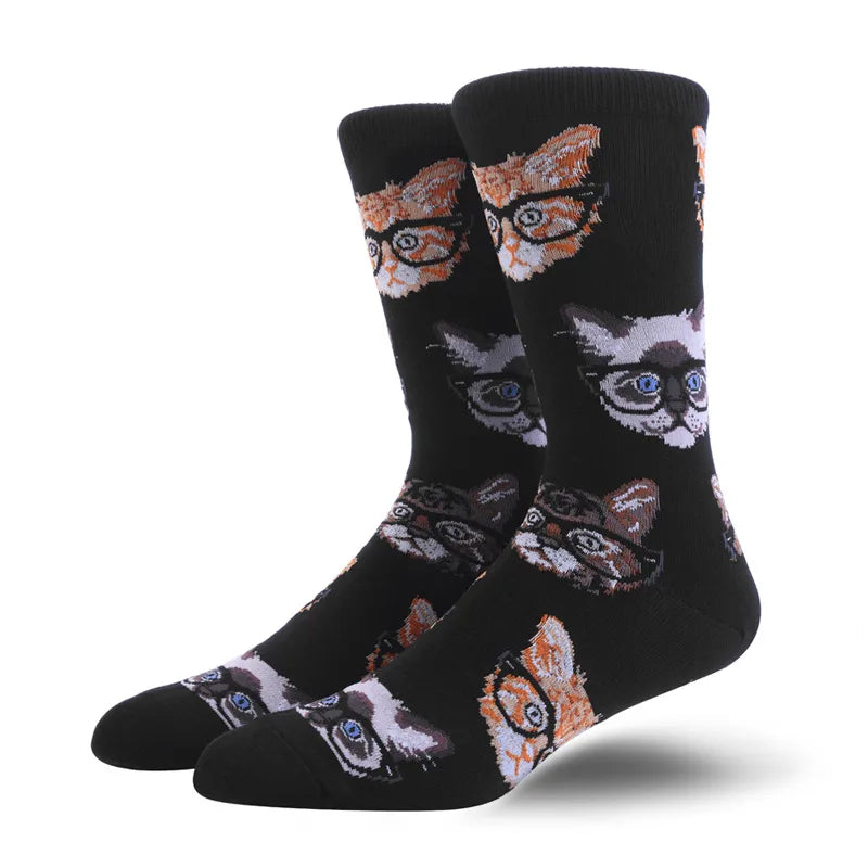 men's fashion animal cat elk nylon cotton jacquard crew socks