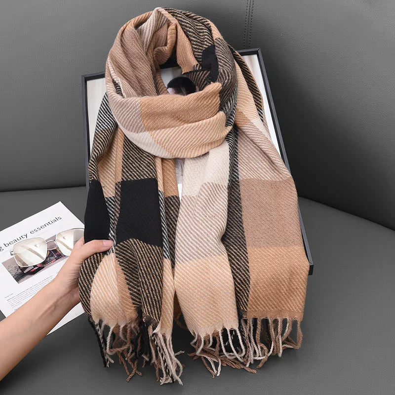 Women's Classic Style Plaid Imitation cashmere Tassel Scarf