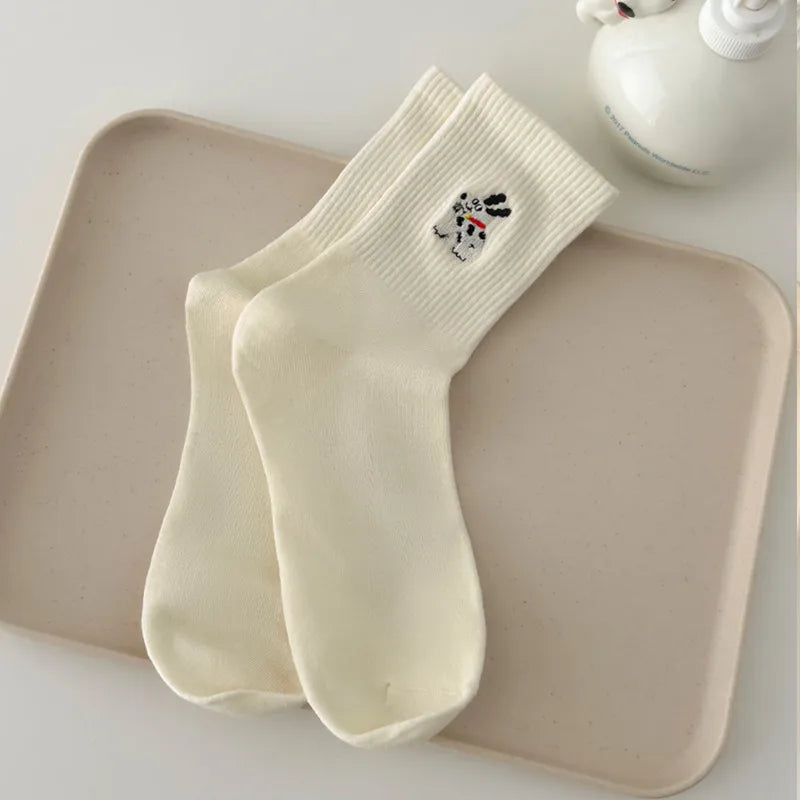 Spring and Summer suxinaimin Cute Dog Embroidered Trendy Healing Striped Mid-Socks Ins Casual Piled Socks