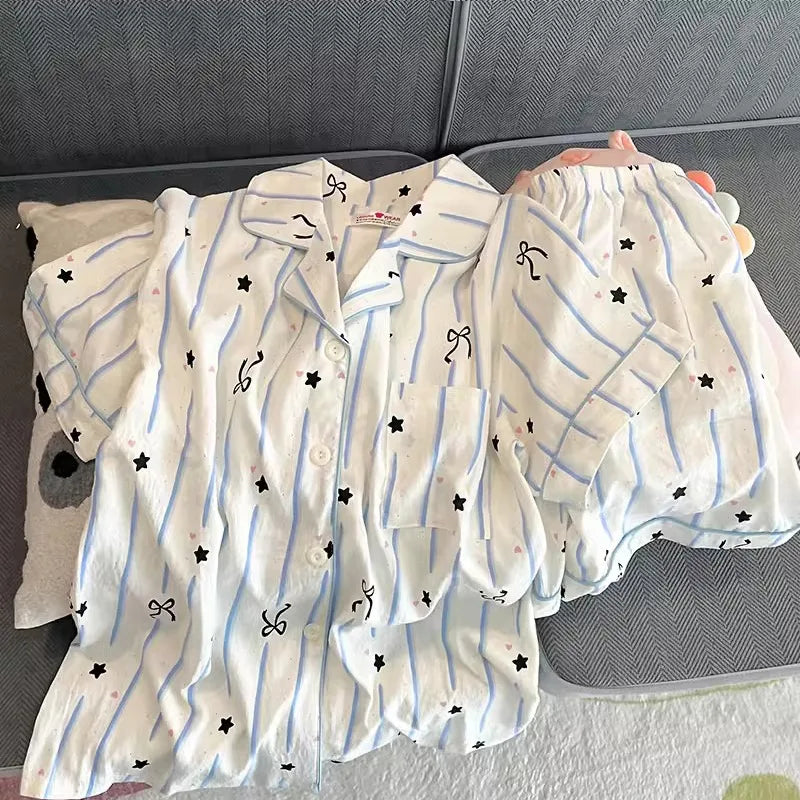 Pajamas Women's Summer Clouds Cotton  New Sweet Cute Cardigan Casual Short Sleeve Shorts Home Clothes suit