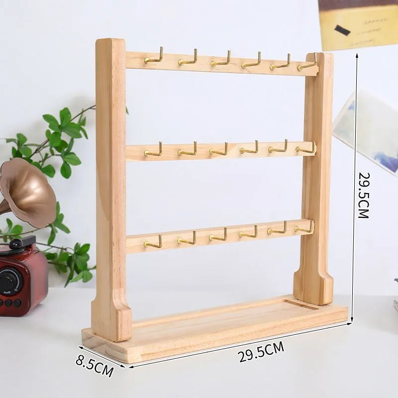 Wooden Jewelry Display Stand Earring Necklace Bracelet Organizer Artistic Style Market Stall Hook Keychain Holder Storage Rack