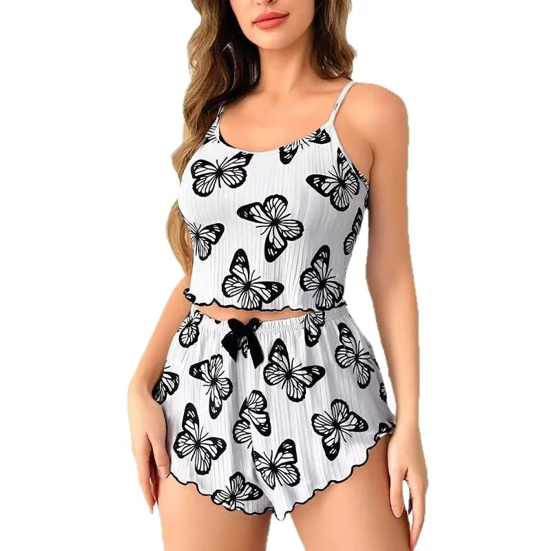 New  Butterfly Print Halter Sleepwear For Women Cute Home Clothes Outdoor Wearable Summer Autumn Spring Ultra-Thin Polyester Milk Silk