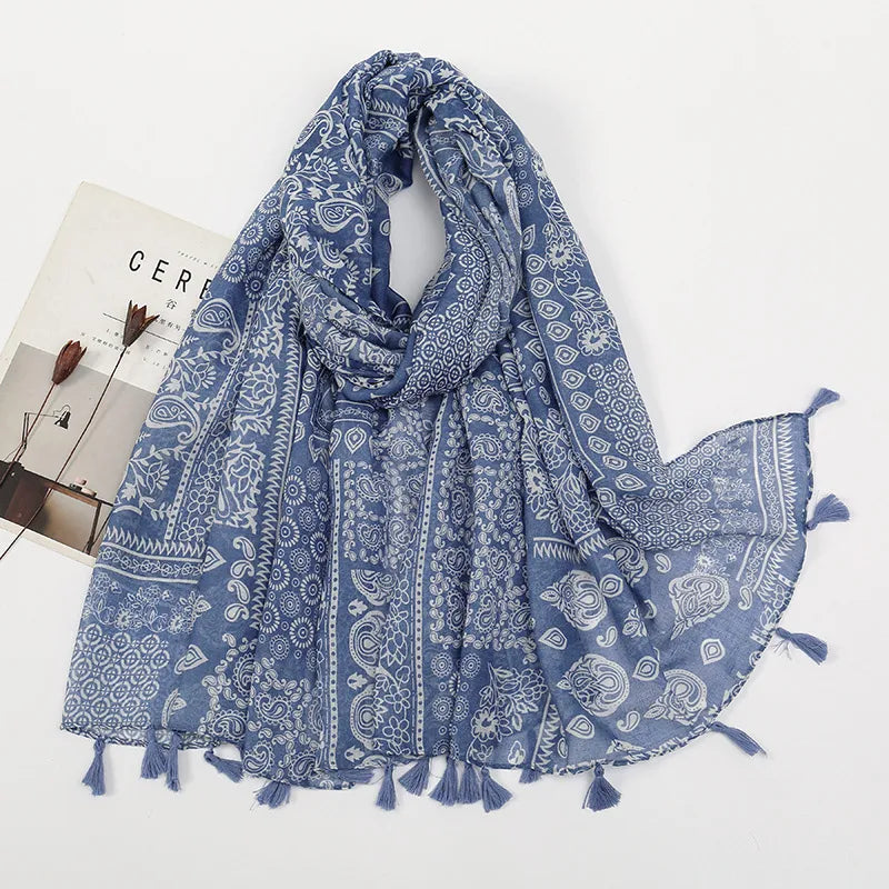 women's sweet flower cotton and linen tassel silk scarves