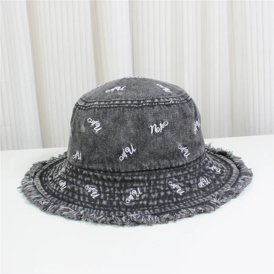 Retro New Style Denim Fishing Cap Women's Harajuku Sun Protection Bucket Hat Cuffed Tear Design Casual Versatile Streetwear