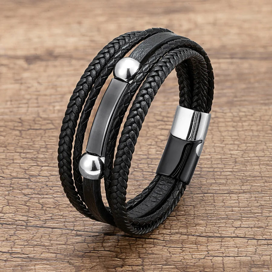 hip-hop punk geometric pu leather metal layered handmade metal button men's bracelets