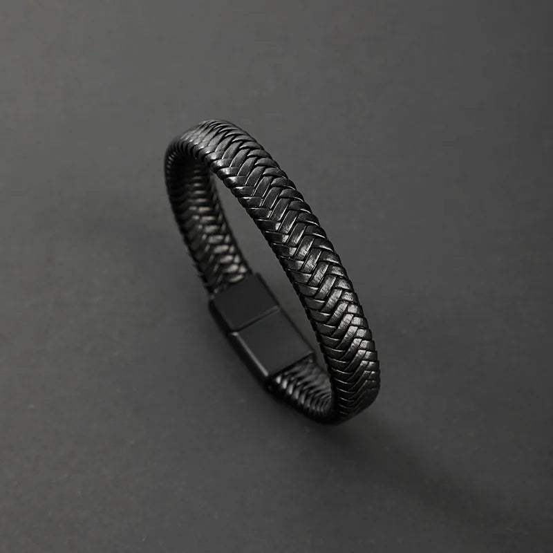 Vintage Style Classic Style Cross Pu Leather Titanium Steel Woven Chain Wrap Bracelets Wholesale