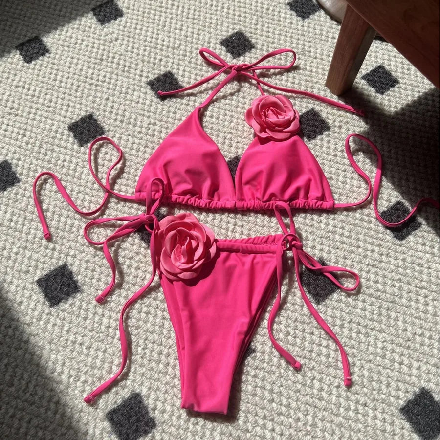 Women's Solid Color Flower 2 Pieces Set Bikinis Swimwear