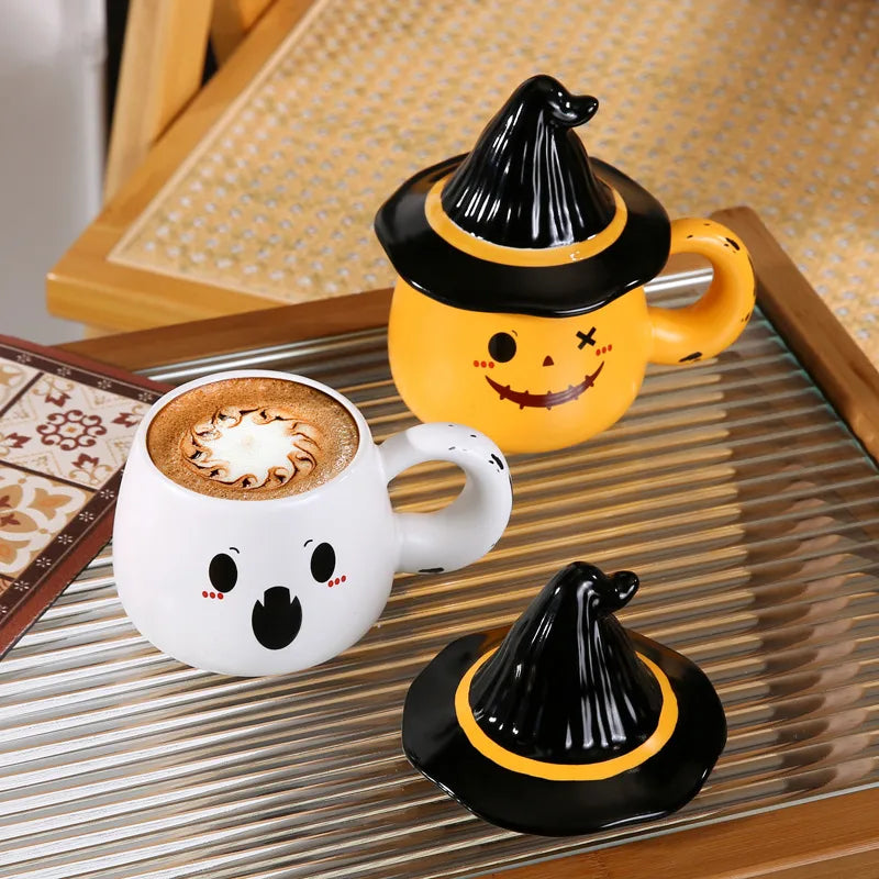 Creative Ghost Ceramic Mugs Halloween Office Coffee Cups With Lid Personalized Funny Water Cups Cartoon Style Gift Ideas