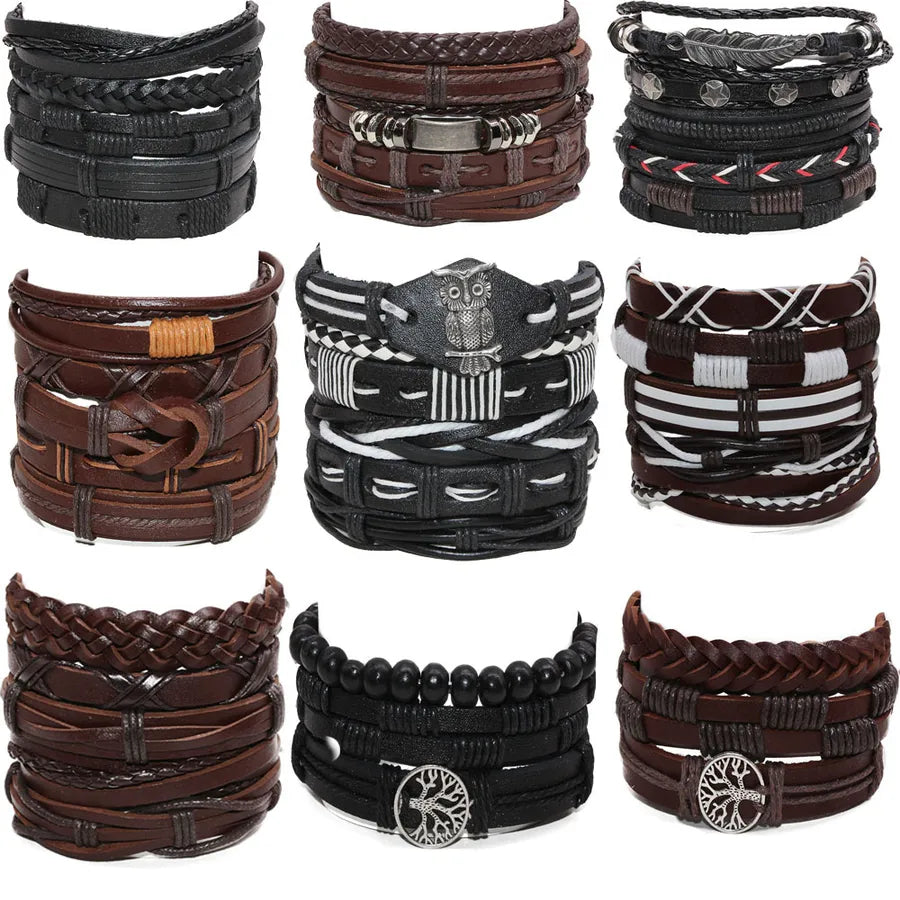hot selling vintage men's bracelet 5-piece handmade woven cowhide wax rope adjustable bracelet jewelry wholesale