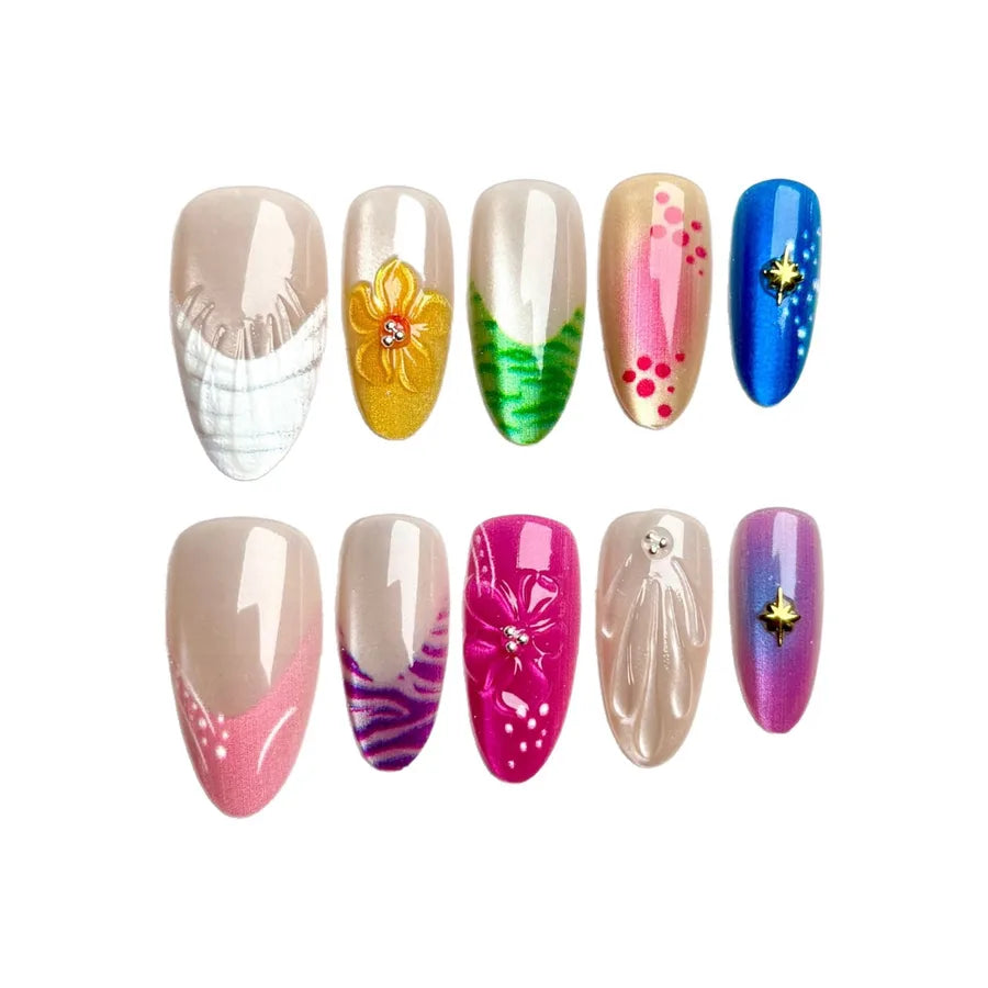 Handmade Almond Nail Press-Ons 3D Floral Shell Design Gradient White Effect European Style Nail Art False Nails Set