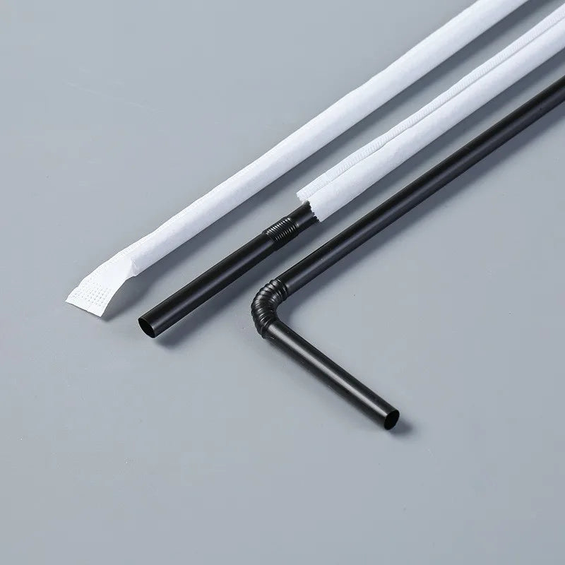 In stock wholesale disposable plastic straw soybean milk beverage thin straw black elbow independent packaging 100 pcs