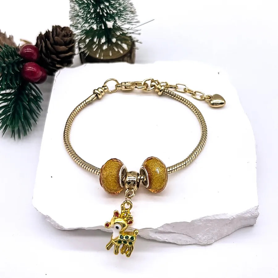 Hot-Selling Christmas Gift DIY Beaded Large Hole Beads Red Heart Snowman Apple Bell Children's Bracelet for Girls
