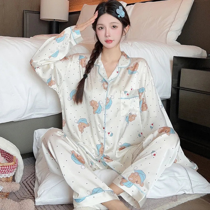 French Anti-Aging Sleepwear Women's Spring Autumn New Simple Polka Dot Long Sleeve Long Pants Ice Silk Home Clothes Fashion Set