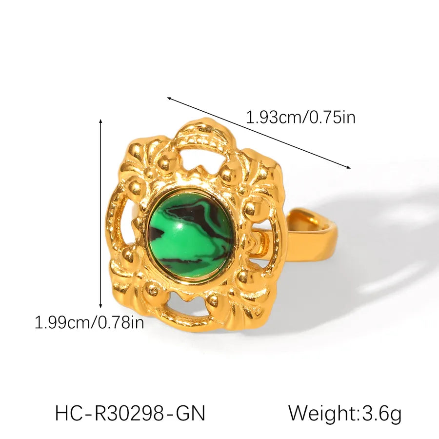 Wholesale Jewelry Casual Retro Irregular Oval Eye 304 Stainless Steel Natural Stone Turquoise 18K Gold Plated Polishing Plating Inlay Open Rings Rings