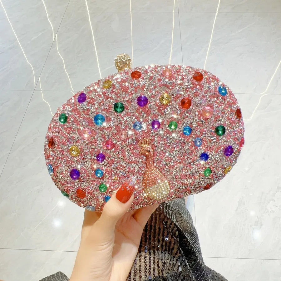 Green Silver Black Polyester Peacock Oval Evening Bags