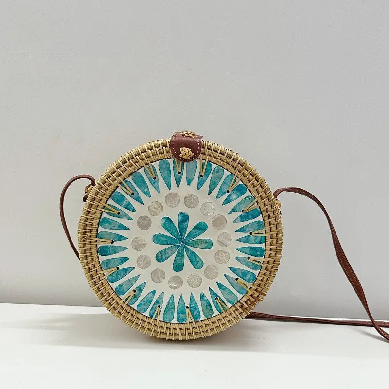 Women's Medium Rattan Floral Elegant Magnetic Buckle Dome Bag