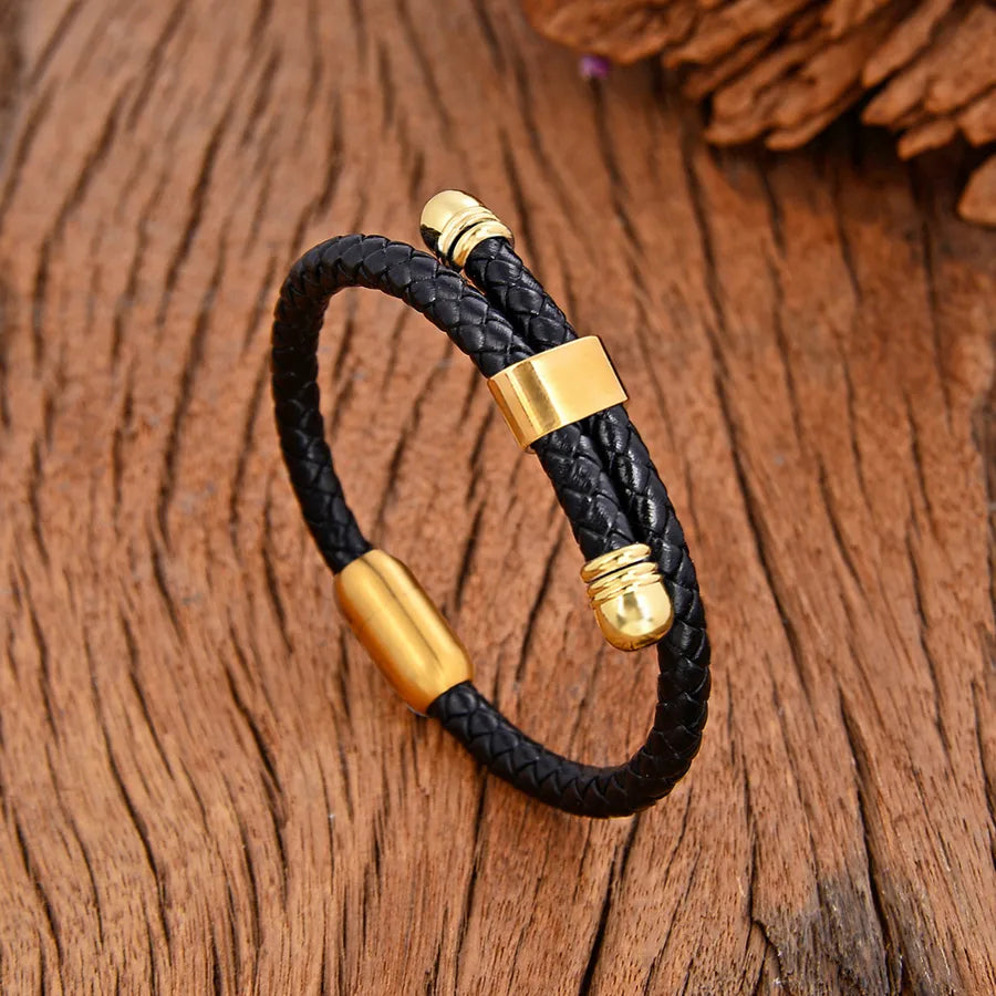 Retro Punk Solid Color 304 Stainless Steel Pu Leather Men's Bangle Men Cord & Leather Bracelets