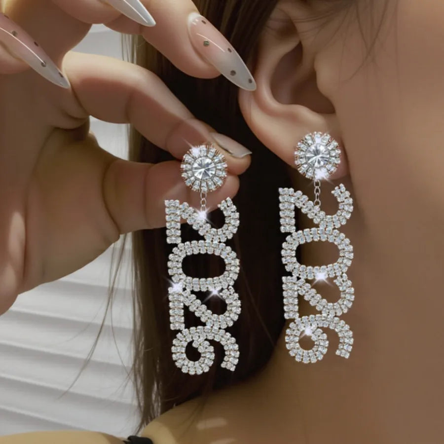 New Year 2026 Number Rhinestone Earrings Women's Christmas Gift Personalized Diamond Drop Earrings Fashion Jewelry Accessories
