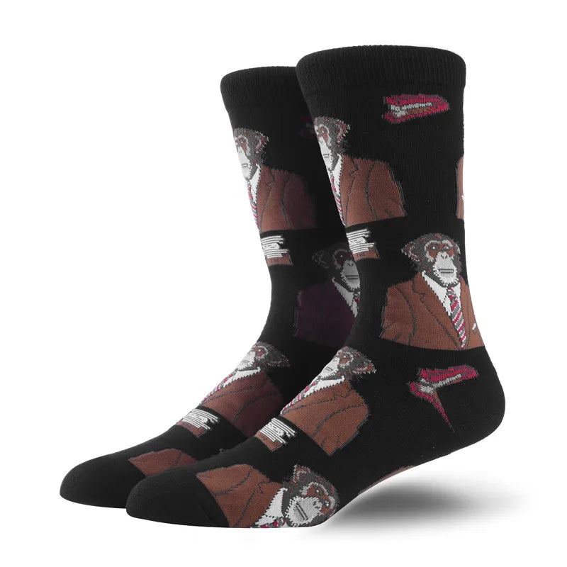 men's fashion animal cat elk nylon cotton jacquard crew socks