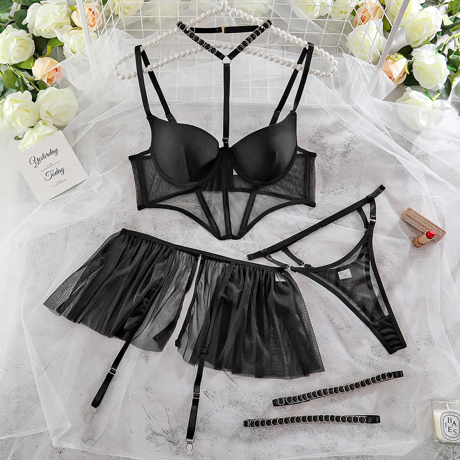 Europe and the United States  independent station hot selling sexy underwear set Fishbone breast cotton sexy gathered pleated skirt women's spot