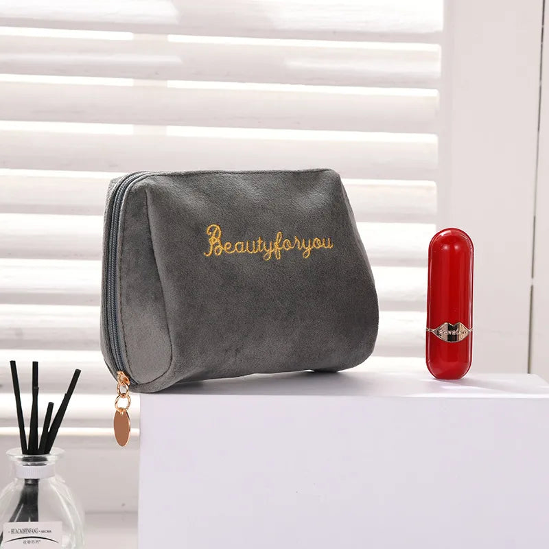 velvet zipper double layer large capacity cosmetic storage bag