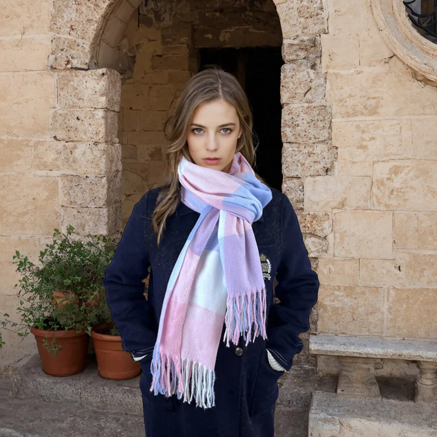 women's casual simple style color block imitation cashmere tassel scarf