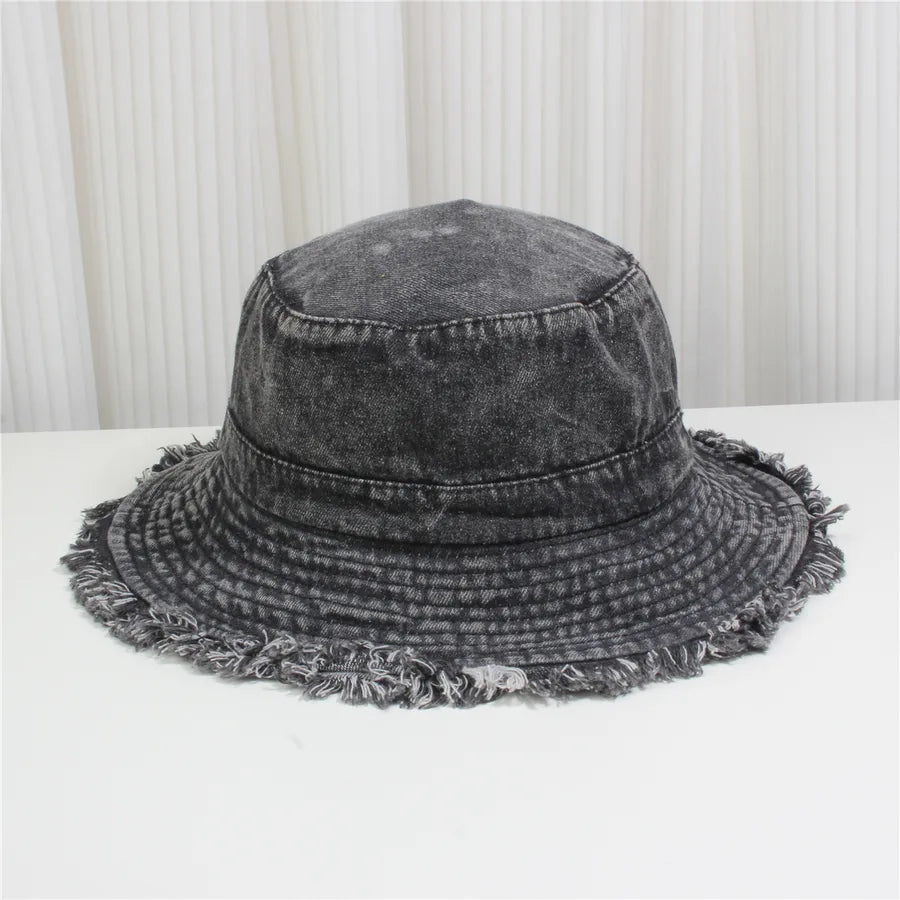 Retro New Style Denim Fishing Cap Women's Harajuku Sun Protection Bucket Hat Cuffed Tear Design Casual Versatile Streetwear