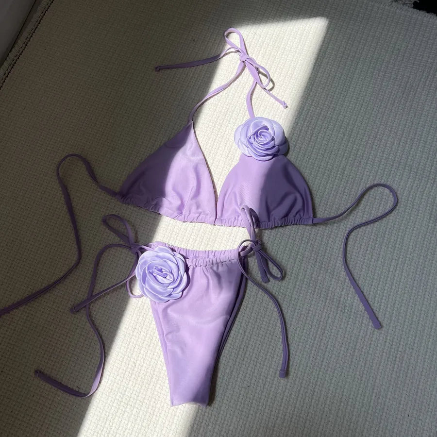 Women's Solid Color Flower 2 Pieces Set Bikinis Swimwear