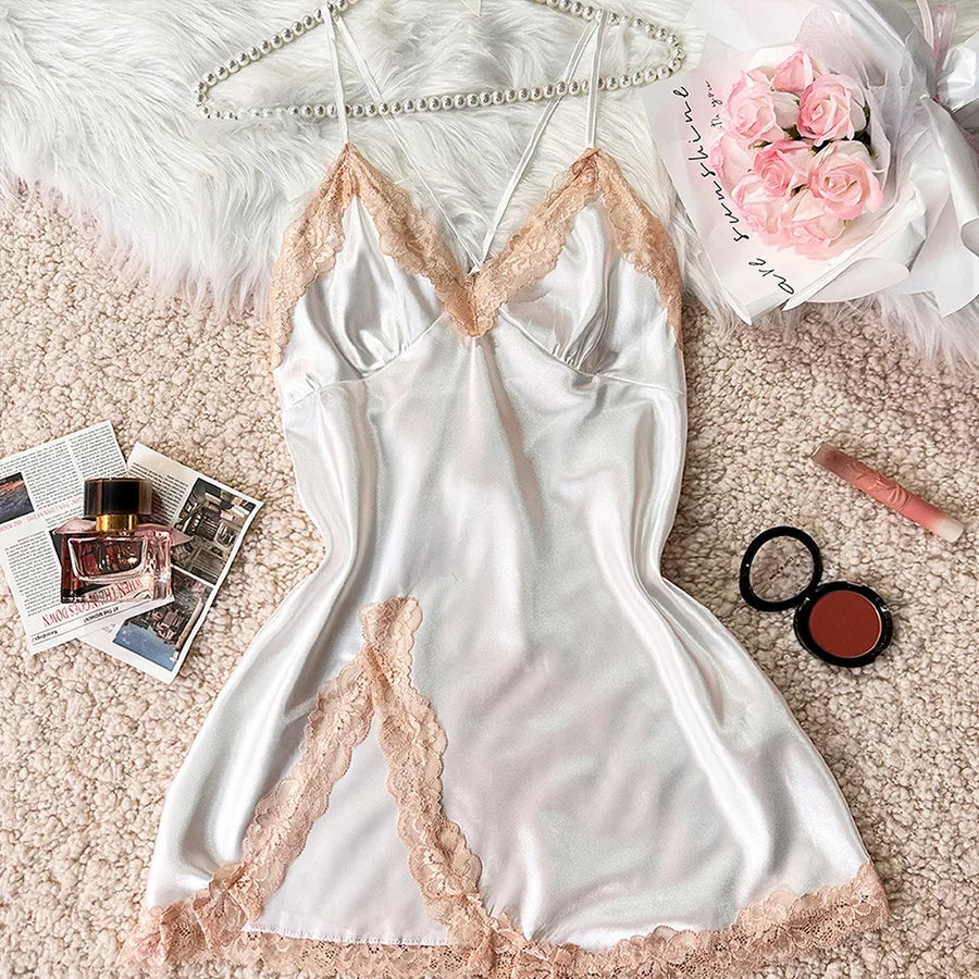 Home Women's Elegant Sexy Color Block Lace Imitated Silk Polyester Pajama Sets