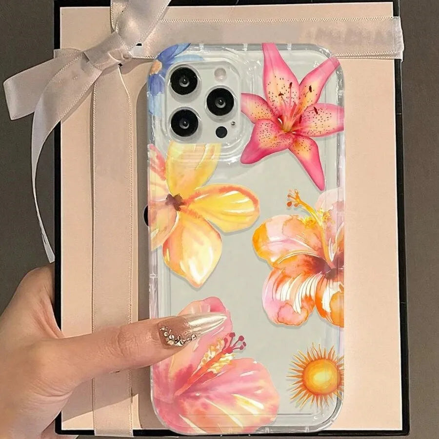 Sunflower Design Phone Case For Apple 16Promax 15Plus Transparent 14 Luxury 13 Airbag 12 11 Frosted TPU Fairy New Oil Painting Style