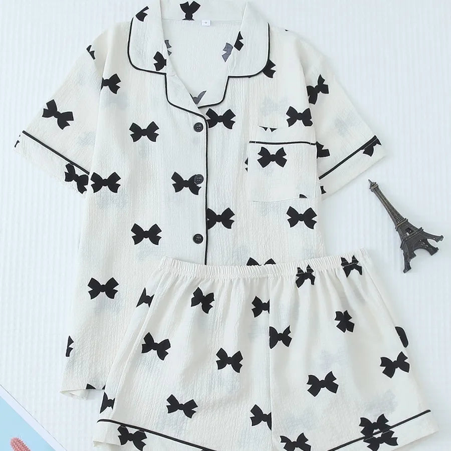 Home Women's Vacation Simple Style Bow Knot Polyester Shorts Sets Pajama Sets