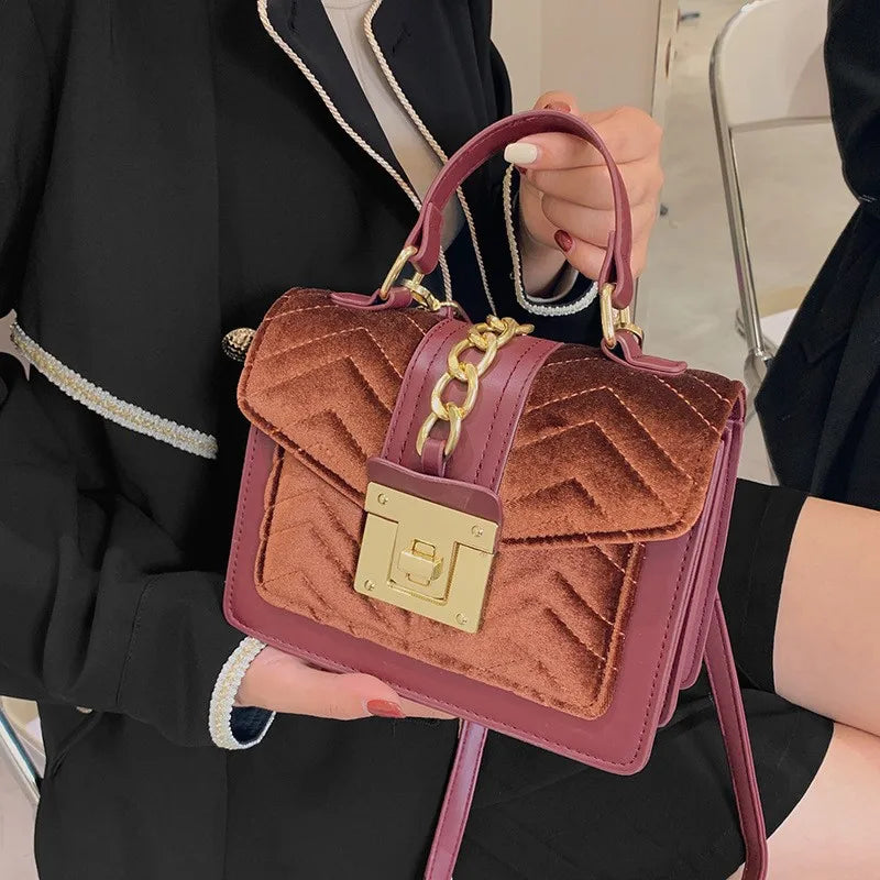 Women's Small velvet Solid Color Elegant Square Lock clasp Square Bag
