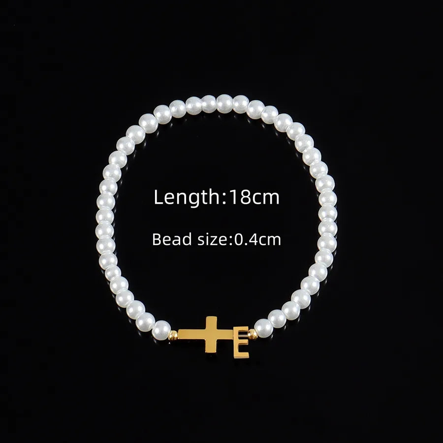 Classic Style Cross Letter 304 Stainless Steel Artificial Pearl Beaded Chain Beaded Bracelets Wholesale