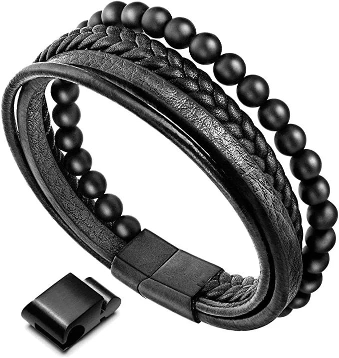 Trade Halloween Men Beads Leather Bracelet Natural Beads Steel and Leather Bracelet Gifts for Men