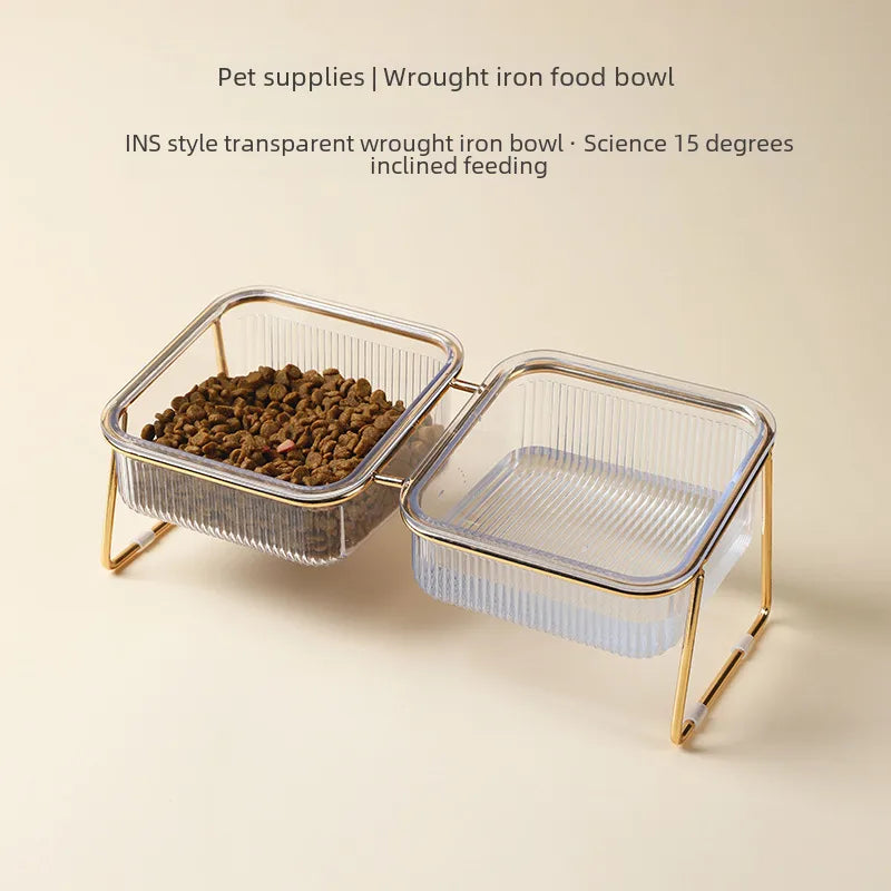 Transparent High-stand Cat Bowl Slanted Mouth Neck Protection Water Drinking Cat Food Bowl Dog Pet Easy-to-clean Iron Art Double