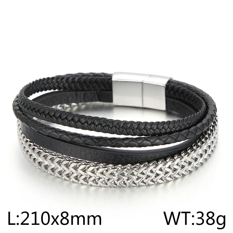 Fashion Round Stainless Steel Cowhide Patchwork 18K Gold Plated Men'S Bracelets