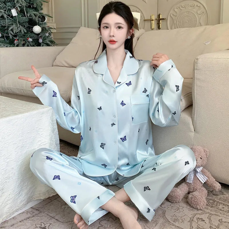 French Anti-Aging Sleepwear Women's Spring Autumn New Simple Polka Dot Long Sleeve Long Pants Ice Silk Home Clothes Fashion Set