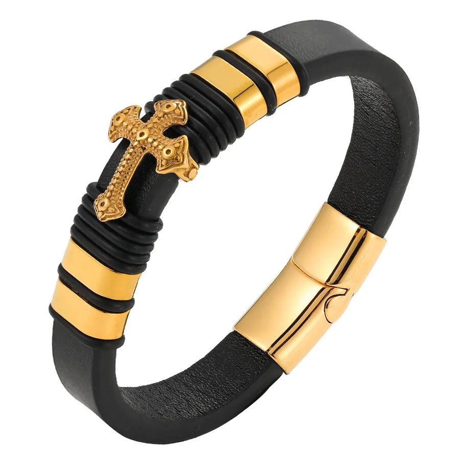 Vintage Style Classic Style Cross Pu Leather Titanium Steel Woven Chain Wrap Bracelets Wholesale